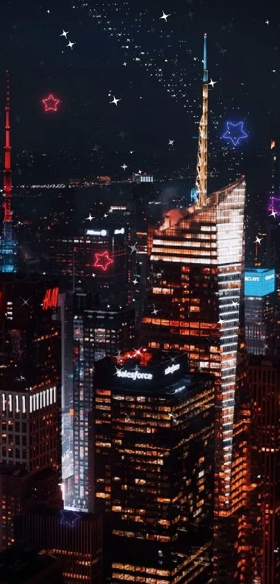 Night cityscape with glowing skyscrapers under a dark sky.
