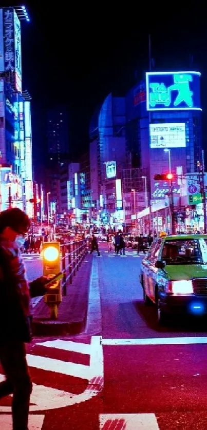 Dynamic city nightscape with bright lights and urban street scene.