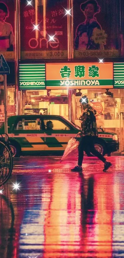 Urban night scene with neon reflections in city street.