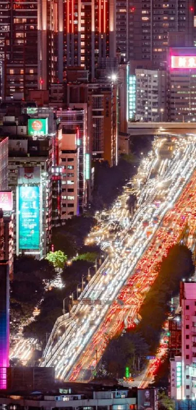 Vibrant cityscape with neon lights and bustling streets at night.