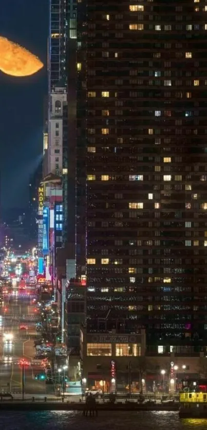 Vibrant city night with glowing moon and skyscrapers.