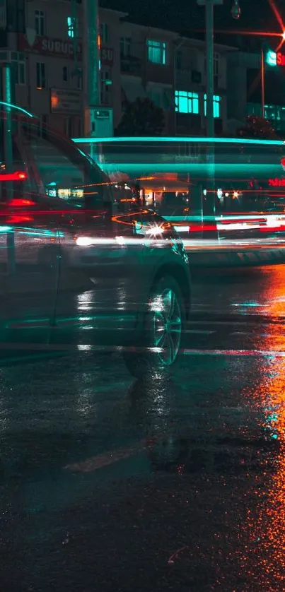 Dynamic city street at night with neon lights reflecting on wet pavement.