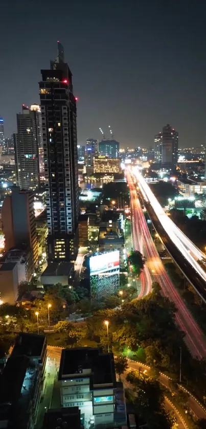 City nightscape with skyscrapers and lights, perfect for mobile wallpaper.