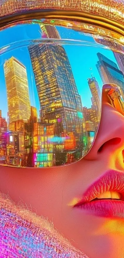 Vibrant sunglasses reflecting colorful city skyline.