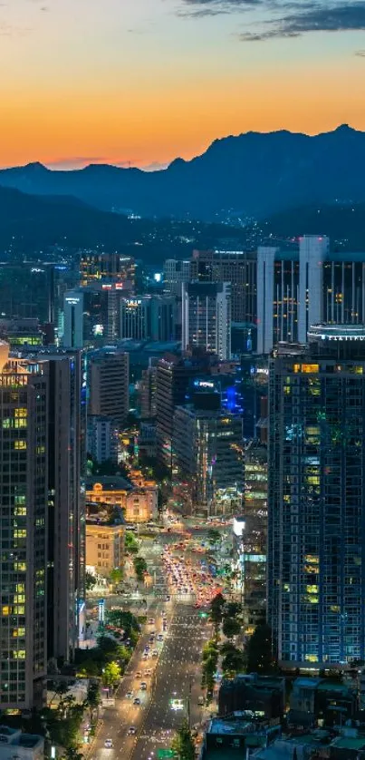 Dusk over a vibrant city skyline with colorful lights and towering buildings.