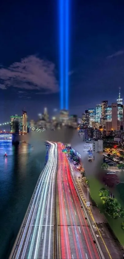 Nighttime cityscape with vibrant lights and beams illuminating the skyline.