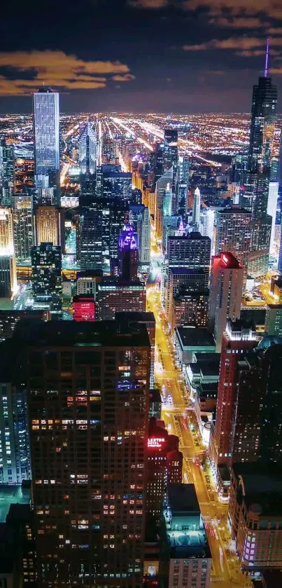 Vibrant city skyline with illuminated skyscrapers at night.