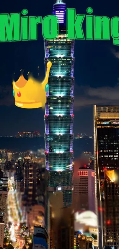 Neon-lit city skyline by night with a crown illustration.