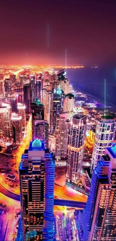 Night city skyline with vibrant, illuminated skyscrapers and colorful streets.
