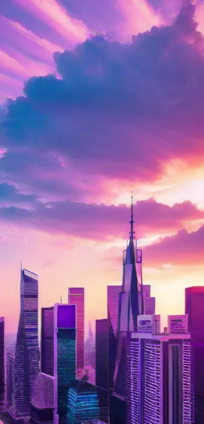 Purple sunset city skyline with towering skyscrapers.