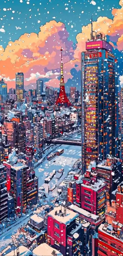 Anime cityscape with snowfall, tall buildings, and vibrant colors.