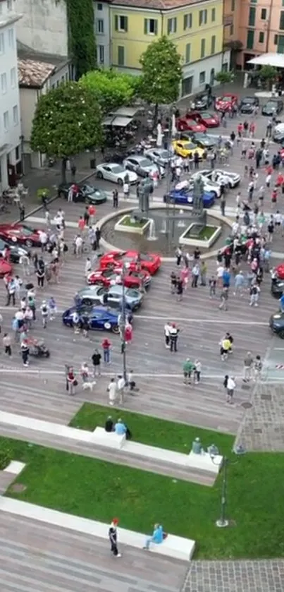 A vibrant city square with people and colorful cars.