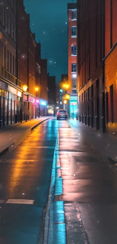 Vibrant city street at night with glowing streetlights and redbrick buildings.