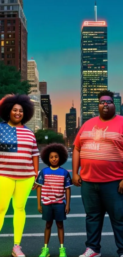 Family posing on a vibrant city street with neon skyline in the background.