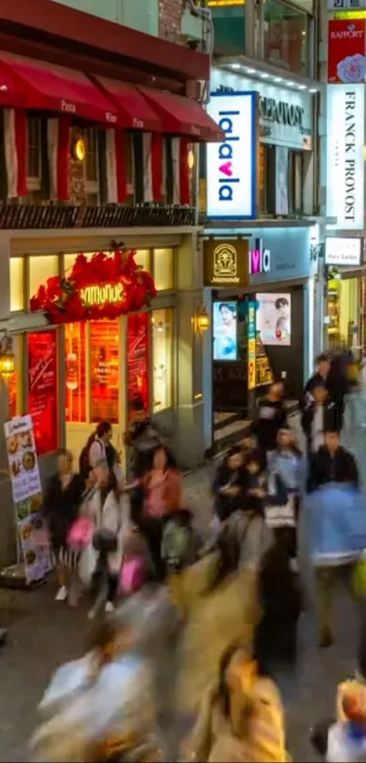 Dynamic city street scene with neon signs and bustling crowd.