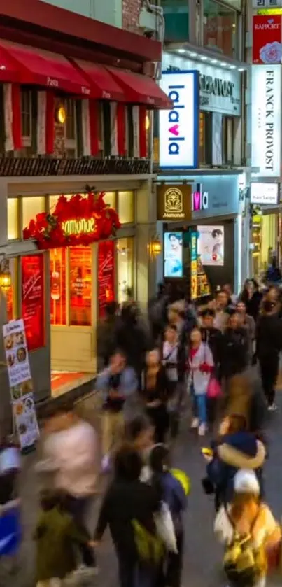 Bustling city street scene with vibrant lights and crowds.