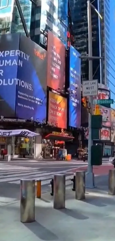 Vibrant city street with skyscrapers and colorful billboards on a sunny day.