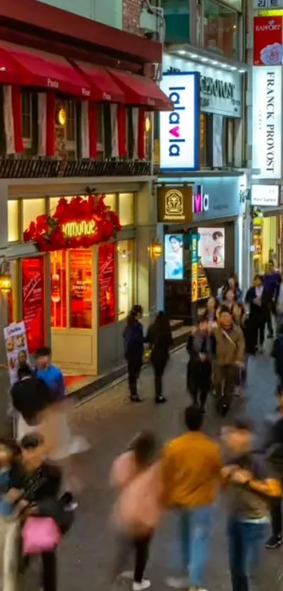 Vibrant street with people and colorful shops.