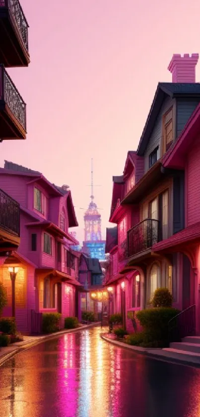Night view of a vibrant city street with charming pink houses and glowing street lamps.