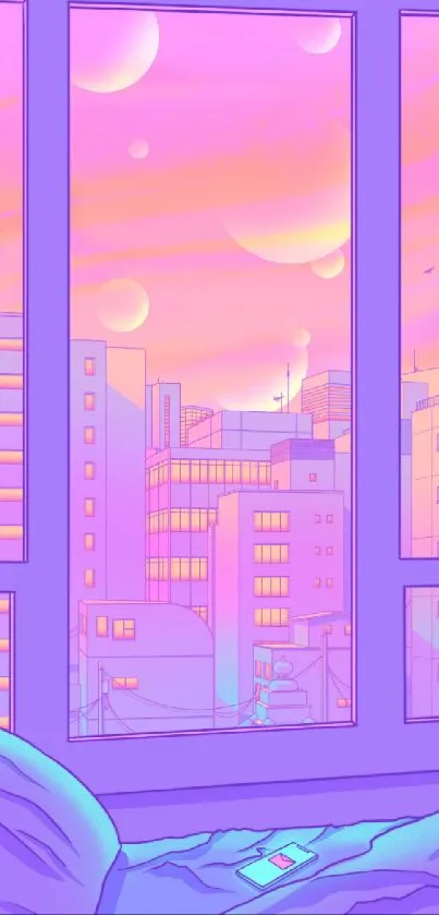 Dreamy purple cityscape at sunset viewed from a bedroom window.