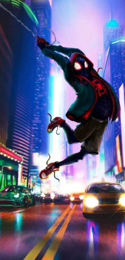 Superhero swings through neon-lit city streets, vibrant and dynamic urban scene.