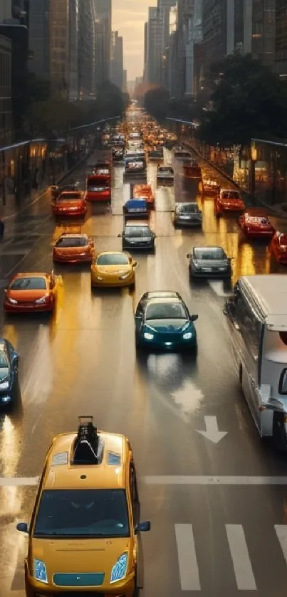 City street with colorful cars under a sunset sky.