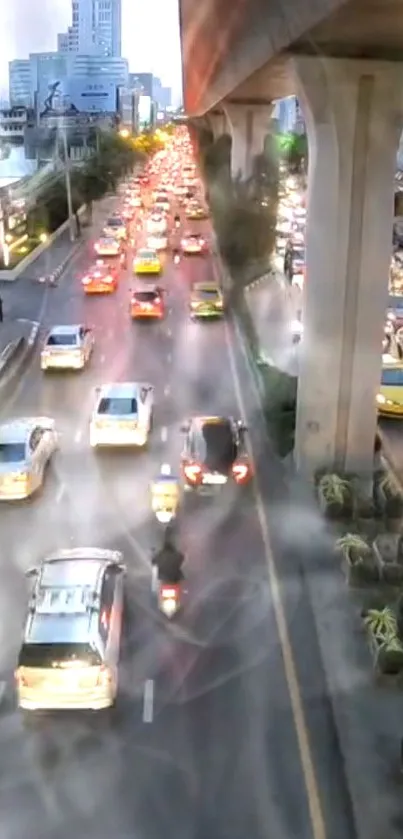 Vibrant city traffic on urban street with colorful lights.