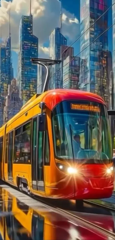 Vibrant modern city tram in urban landscape wallpaper.