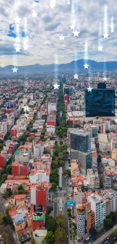 Aerial view of a vibrant cityscape with lush greenery and high-rise buildings.