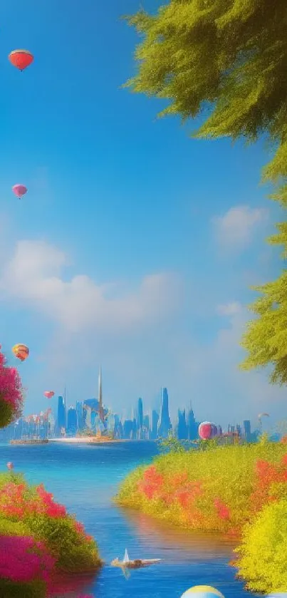 A vibrant scene with balloons, flowers, and a city skyline.