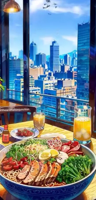 Anime-style cityscape with ramen dish on table.