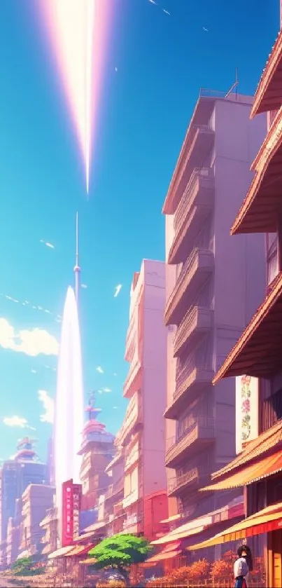 Anime cityscape with blue sky and futuristic skyline.