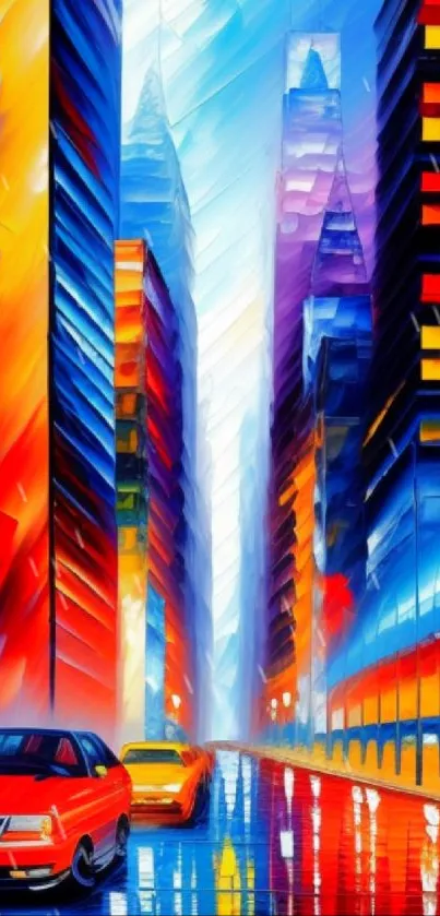 Vibrant cityscape art with colorful skyscrapers and cars in a dynamic urban setting.