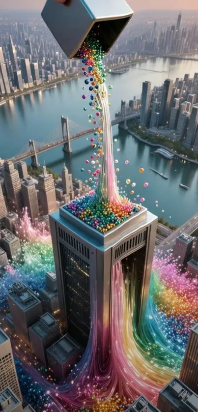 Colorful paint flows over a city rooftop.