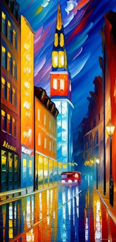 Vibrant cityscape art with colorful buildings and reflections at night.