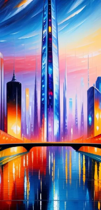 Vibrant blue and orange futuristic cityscape wallpaper.