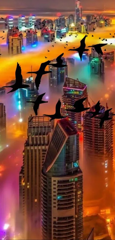 Vibrant cityscape with colorful skyscrapers at sunrise and flying birds.