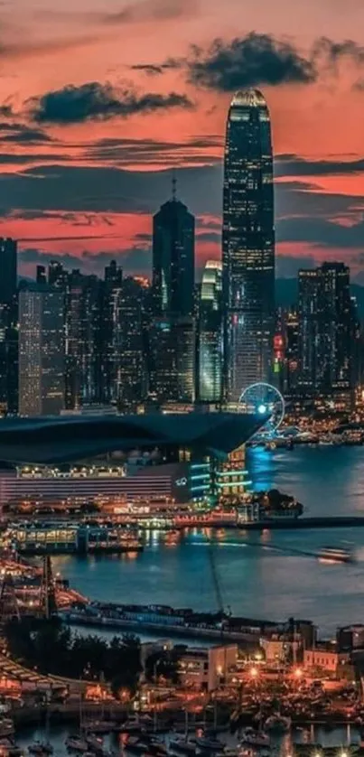 Cityscape at dusk with illuminated skyscrapers and vibrant skies.