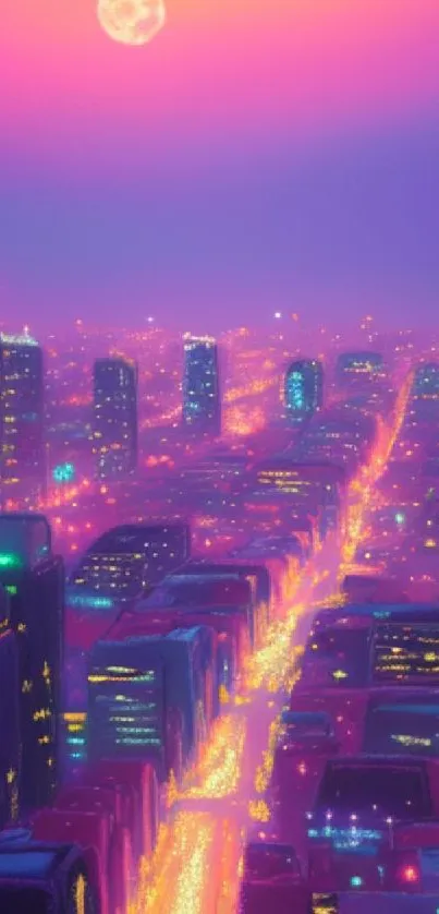 Vibrant neon cityscape at dusk with glowing streets and full moon.