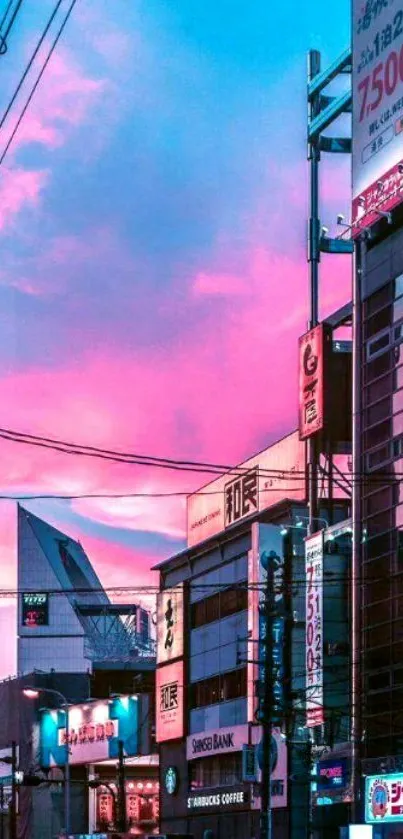 Vibrant urban sunset with neon cityscape and pink skies.