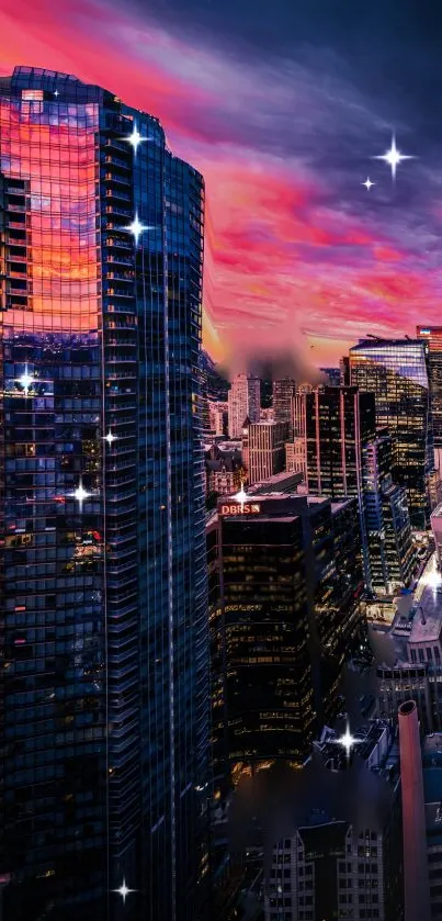 Vibrant cityscape at dusk with city lights shimmering under a colorful sunset.