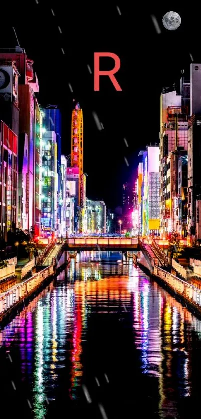 Colorful cityscape at night with vibrant lights reflecting on the river.