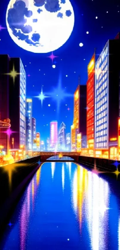 Vibrant cityscape wallpaper with a moonlit river and glowing skyscrapers.