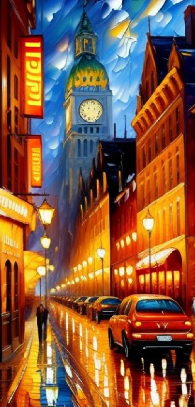 Colorful cityscape wallpaper with clock tower and illuminated street at night.