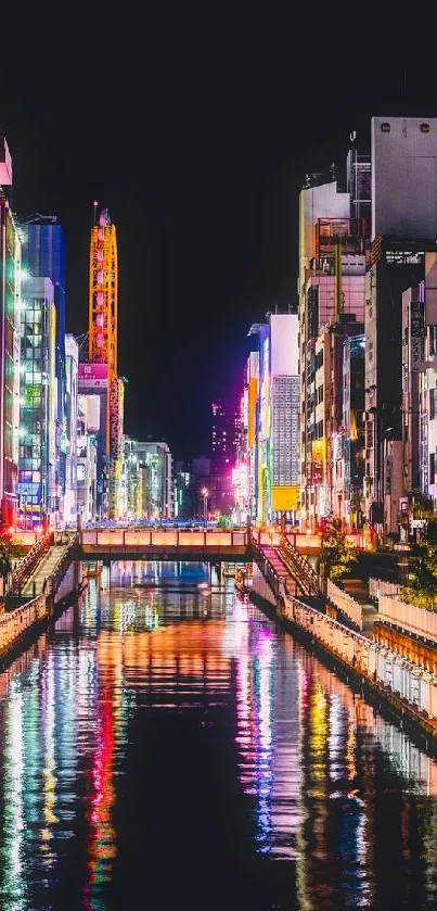 A vibrant nighttime cityscape with neon lights reflecting on a river.