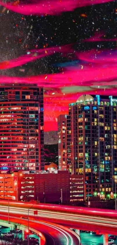 Vibrant cityscape with pink skies and skyscrapers at night.