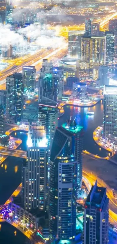 Vibrant illuminated cityscape at night featuring skyscrapers and glowing streets.