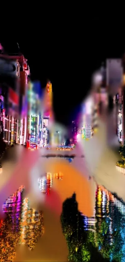 Vibrant cityscape at night with neon reflections on a canal.