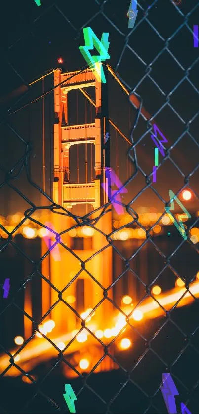 Night view of a bridge illuminated with vibrant abstract lights.