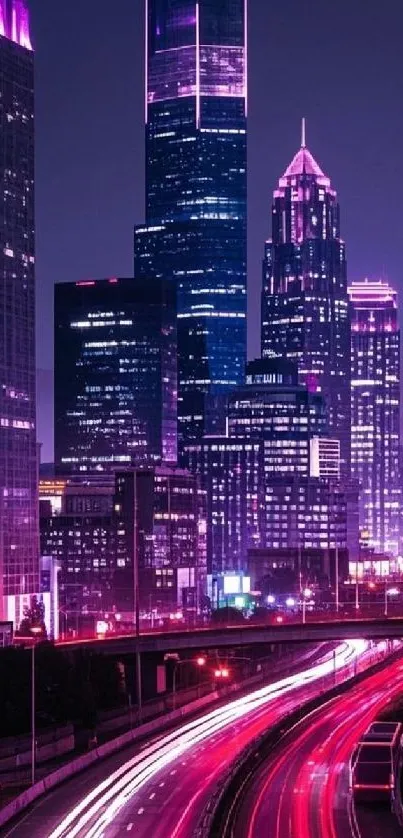 Purple cityscape at night with glowing skyscrapers and vibrant lights.